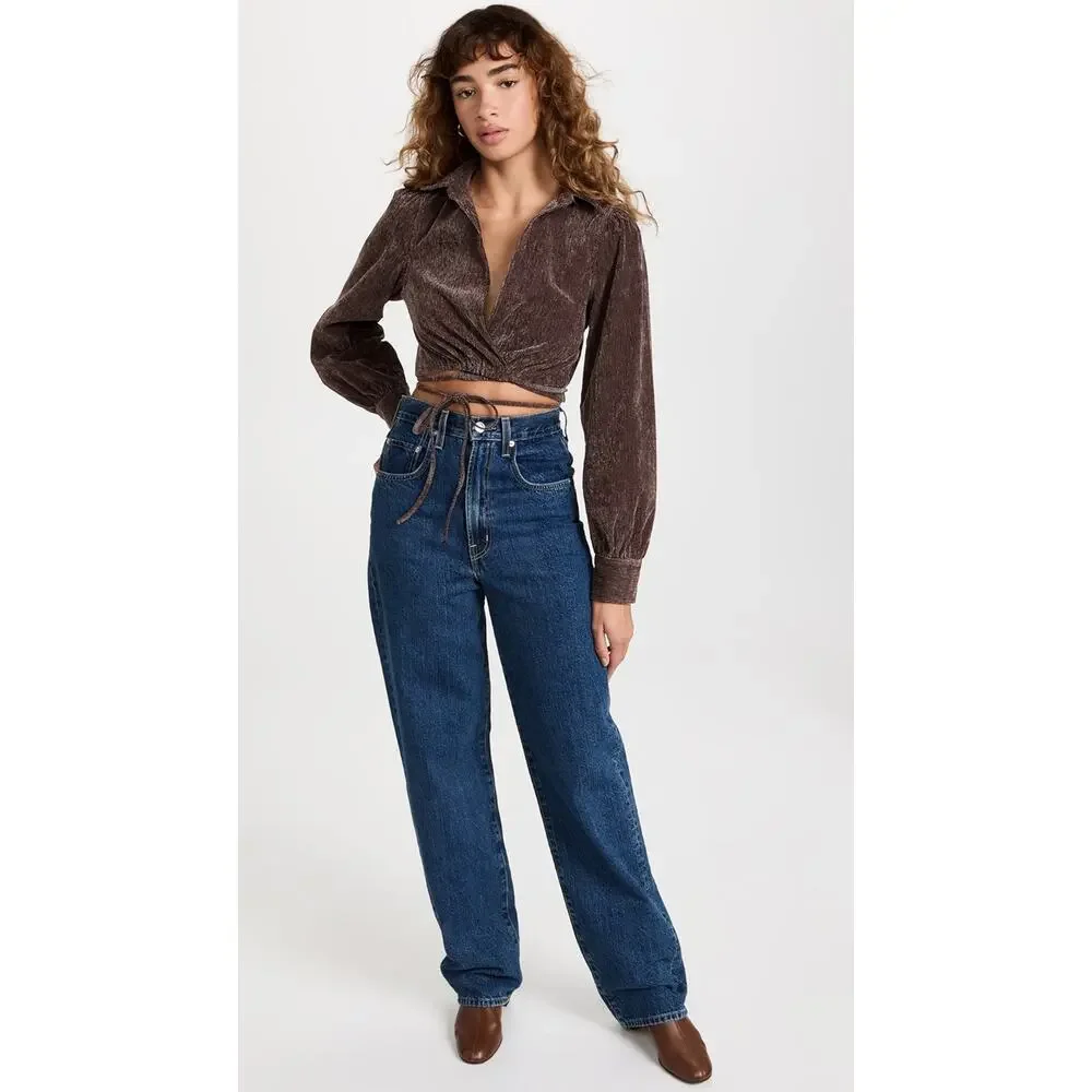 En Saison Route Wrap Brown Corduroy Wrap V-Neck Long Sleeve Crop Blouse Small